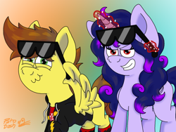 Size: 1024x768 | Tagged: safe, artist:patodashoficial, oc, oc only, oc:blummy mond, oc:shooting thrillstar, alicorn, pegasus, pony, alicorn oc, clothes, female, glasses, glowing, glowing horn, horn, male, pegasus oc, simple background, smiling, sunglasses, wings