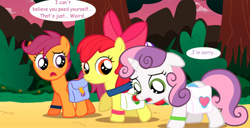 Size: 780x398 | Tagged: safe, artist:jan, apple bloom, scootaloo, sweetie belle, earth pony, pegasus, pony, unicorn, ask the crusaders, vocational death cruise, g4, apology, bag, bow, cloud, confused, cutie mark crusaders, dialogue, female, filly, floppy ears, foal, hair bow, horn, implied urine, implied wetting, sad, saddle bag, speech bubble, stars, sunset, text, wings