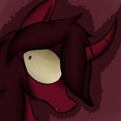 Size: 1800x1800 | Tagged: safe, artist:alandisc, oc, oc only, bat pony, pony, abstract background, bat pony oc, bust, curved horn, cute, cute little fangs, eyelashes, fangs, female, horn, mare, portrait, shrunken pupils, solo