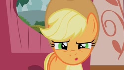 Size: 736x414 | Tagged: safe, screencap, applejack, earth pony, pony, applebuck season, g4, season 1, applejack's hat, cowboy hat, female, hat, mare, open mouth, solo