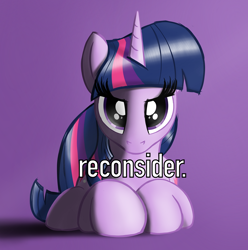 Size: 832x838 | Tagged: safe, artist:eels, derpibooru exclusive, twilight sparkle, pony, unicorn, g4, female, looking at you, mare, ponified, ponified animal photo, ponyloaf, prone, purple background, reference in the description, solo, text, unicorn twilight