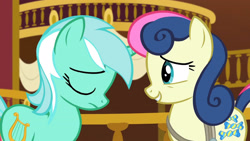 Size: 3410x1920 | Tagged: safe, screencap, bon bon, lyra heartstrings, sweetie drops, earth pony, pony, unicorn, g4, season 5, slice of life (episode), duo, eyes closed, female, high res, mare, ponyville town hall, smiling, upscaled