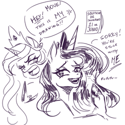 Size: 765x765 | Tagged: safe, artist:nire, princess celestia, princess luna, alicorn, pony, g4, angry, bust, calendar, dialogue, duo, female, mare, monochrome, royal sisters, siblings, simple background, sisters, speech bubble, white background