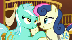 Size: 3410x1920 | Tagged: safe, screencap, bon bon, lyra heartstrings, sweetie drops, earth pony, pony, unicorn, g4, season 5, slice of life (episode), 100th episode, adventure in the comments, bedroom eyes, best friends, duo, female, friendship, grin, high res, holding hooves, hug, larson you magnificent bastard, lidded eyes, looking at each other, looking at someone, mare, out of context, ponyville town hall, rope, secret agent sweetie drops, smiling, smiling at each other, upscaled, walls of comments