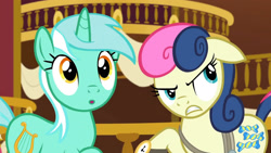 Size: 3410x1920 | Tagged: safe, screencap, bon bon, lyra heartstrings, sweetie drops, earth pony, pony, unicorn, g4, season 5, slice of life (episode), :o, duo, female, floppy ears, high res, mare, open mouth, ponyville town hall, secret agent sweetie drops, upscaled