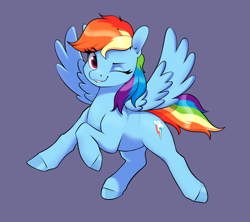 Size: 3600x3200 | Tagged: safe, artist:aquaticvibes, rainbow dash, pegasus, pony, female, full body, high res, mare, one eye closed, purple background, simple background, solo, wink