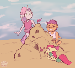 Size: 2000x1800 | Tagged: safe, artist:scribleydoodles, apple bloom, scootaloo, sweetie belle, crab, earth pony, pegasus, unicorn, anthro, g4, beach, clothes, cutie mark crusaders, eyes closed, female, grin, one-piece swimsuit, sandcastle, smiling, swimsuit, trio, trio female