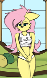 Size: 1607x2657 | Tagged: safe, artist:toxinagraphica, fluttershy, pegasus, anthro, g4, :3, bed hair, bedroom eyes, breasts, busty fluttershy, cheek fluff, clothes, colored sketch, couch, dishevelled, ear fluff, female, floppy ears, fluffy, high res, mare, pillow, signature, sketch, sleepy, smiling, solo, top, underwear, wall, window