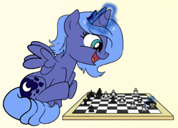 Size: 491x354 | Tagged: safe, artist:sketchyjackie, edit, princess luna, alicorn, pony, gamer luna, g4, chess, chessboard, chessboard incorrectly oriented, cropped, crown, female, filly, foal, horn, jewelry, magic, moon, regalia, s1 luna, smiling, spread wings, wings, woona, young luna, younger