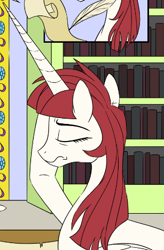 Size: 307x468 | Tagged: safe, artist:sketchyjackie, edit, oc, oc only, oc:fausticorn, alicorn, pony, book, bookshelf, cropped, eyes closed, facehoof, female, frown, horn, lauren faust, lauren faust is not amused, mare, quill, scroll, solo, unamused, writing