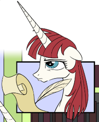 Size: 248x304 | Tagged: safe, artist:sketchyjackie, edit, oc, oc only, oc:fausticorn, alicorn, pony, book, bookshelf, cropped, female, floppy ears, frown, horn, lauren faust, lauren faust is not amused, mare, quill, scroll, solo, unamused, writing