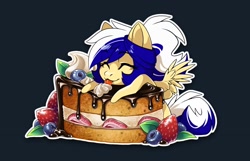 Size: 1500x967 | Tagged: safe, artist:arctic-fox, oc, oc only, oc:animatedpony, pegasus, pony, blueberry, cake, food, solo, strawberry, tongue out, whipped cream