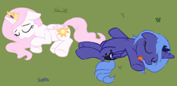 Size: 374x183 | Tagged: safe, artist:sketchyjackie, edit, princess celestia, princess luna, alicorn, pony, g4, :p, cropped, crown, duo, eyes closed, female, filly, filly celestia, filly luna, foal, grass, horn, jewelry, lying down, moon, on back, pink-mane celestia, playing dead, regalia, royal sisters, s1 luna, siblings, sisters, sleeping, sun, tongue out, wings, woona, young, young celestia, young luna, younger