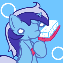 Size: 3400x3400 | Tagged: safe, artist:bilayer, artist:bilayer64, minuette, pony, unicorn, g4, blue background, happy, high res, simple background, solo, toothbrush