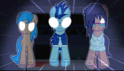 Size: 640x366 | Tagged: safe, artist:jan, edit, drizzledrips, neon lights, rising star, oc, oc:hawkesho, earth pony, ghost, ghost pony, pegasus, pony, unicorn, ask the crusaders, vocational death cruise, g4, angry, clothes, cropped, frown, glasses, glowing, glowing eyes, horn, palindrome get, scary shiny glasses, see-through, show accurate, wings