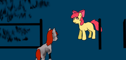 Size: 658x312 | Tagged: safe, artist:fangasmic, apple bloom, oc, oc:mitta, earth pony, pony, undead, zombie, zombie pony, story of the blanks, g4, bone, bow, exposed bone, female, filly, foal, grass, hair bow, infected, mare, night, sunny town, youtube link