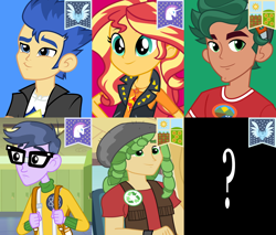 Size: 1302x1108 | Tagged: safe, artist:bb-k, edit, edited screencap, screencap, flash sentry, microchips, sunset shimmer, timber spruce, human, equestria girls, equestria girls series, g4, hearth's warming eve (episode), my little pony equestria girls, my little pony equestria girls: legend of everfree, official, backpack, banner, blue background, bust, camp everfree logo, camp everfree outfits, clothes, cropped, dreadlocks, earth pony tribe, eyes closed, female, flag, flower, glasses, green background, green eyes, hat, jacket, jewelry, looking at you, male, object, pegasopolis, pegasus tribe, question mark, red background, regalia, simple background, smiling, smirk, sun, sunflower, suspenders, sweater, unicorn tribe, unicornia