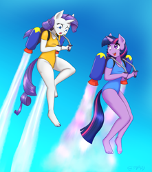 Size: 1059x1200 | Tagged: safe, artist:empyu, rarity, twilight sparkle, unicorn, anthro, plantigrade anthro, g4, breasts, clothes, duo, feet, flying, jetpack, leotard, open mouth, requested art