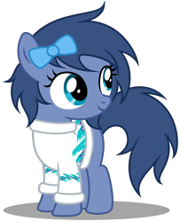 Size: 3060x3760 | Tagged: safe, artist:strategypony, oc, oc only, oc:whinny, earth pony, pony, bow, clothes, cute, earth pony oc, female, filly, foal, full body, hair bow, high res, hoodie, looking back, shadow, show accurate, simple background, smiling, solo, solo jazz, standing, sweater, transparent background