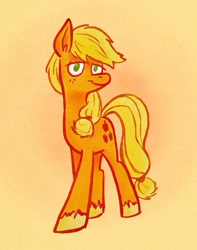Size: 1157x1471 | Tagged: safe, artist:horsewizardart, applejack, earth pony, pony, g4, female, full body, gradient background, hatless, lidded eyes, looking at you, mare, missing accessory, no pupils, smiling, smiling at you, solo, standing, unshorn fetlocks