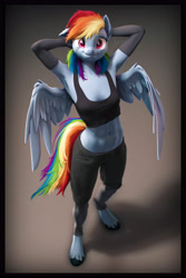 Size: 3600x5400 | Tagged: safe, artist:imafutureguitarhero, rainbow dash, pegasus, anthro, unguligrade anthro, art pack:pin-up paradise 2022, g4, 3d, abs, absurd resolution, adorasexy, arm behind head, arm fluff, armpits, belly button, border, bra, cargo pants, cargo shorts, cheek fluff, chromatic aberration, clothes, colored eyebrows, colored eyelashes, crop top bra, cute, dashabetes, ear fluff, evening gloves, female, film grain, floppy ears, fluffy, from above, fur, gloves, gradient background, hoof fluff, letterboxing, long gloves, looking at you, mare, midriff, multicolored hair, multicolored mane, multicolored tail, neck fluff, nose wrinkle, one ear down, paintover, pants, partially open wings, pinup, revamped anthros, revamped ponies, see-through, sexy, shadow, short shirt, shorts, signature, smiling, smiling at you, socks, solo, source filmmaker, stockings, stupid sexy rainbow dash, tail, thigh highs, underwear, unshorn fetlocks, wall of tags, wing fluff, wings