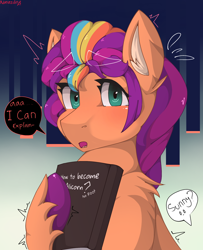 Size: 1640x2022 | Tagged: safe, artist:nanazdina, sunny starscout, earth pony, pony, g5, book, female, i can explain, ibispaint x, linux, mane stripe sunny, mare, no root, offscreen character, panic, root, solo, speech bubble