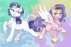 Size: 5605x3736 | Tagged: safe, artist:lightisanasshole, pipp petals, rarity, pegasus, pony, unicorn, g4, g5, abstract background, bedroom eyes, chest fluff, colored hooves, colored wings, duo, duo female, female, hoof fluff, leonine tail, looking at you, looking back, open mouth, pipp and her heroine, raised hoof, tail, traditional art, unshorn fetlocks, watercolor painting, wings