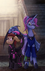 Size: 1280x2043 | Tagged: safe, artist:bob-finnski, oc, oc:stardust, oc:strawberry sunrise, alicorn, bat pony, bat pony alicorn, earth pony, pony, fallout equestria, armor, bat wings, clothes, dress, fallout, horn, power armor, tenpony tower, wings