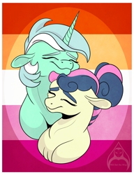 Size: 1280x1664 | Tagged: safe, artist:will-owl-the-wisp, bon bon, lyra heartstrings, sweetie drops, earth pony, pony, unicorn, g4, alternate hairstyle, duo, duo female, eyes closed, female, floppy ears, lesbian, lesbian pride flag, mare, neck nuzzle, pride, pride flag, ship:lyrabon, shipping