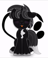 Size: 600x736 | Tagged: safe, artist:bastbrushie, oc, oc only, oc:dog whisperer, pony, unicorn, :p, black fur, blushing, brown eyes, chest fluff, cute, fluffy tail, fox tail, gray mane, hooves, horn, looking at you, male, sitting, solo, stallion, tail, tail fluff, tongue out, unshorn fetlocks, white fur