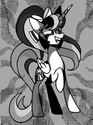 Size: 607x818 | Tagged: safe, artist:stacy_165cut, oc, oc only, alicorn, pony, bow, female, folded wings, grin, hair bow, horn, mare, monochrome, raised hoof, sharp teeth, smiling, solo, teeth, wings