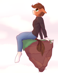 Size: 2800x3500 | Tagged: safe, artist:chapaevv, oc, oc only, oc:iron aegis, earth pony, anthro, unguligrade anthro, clothes, denim, ears back, floating island, flower, high res, jeans, looking up, male, pants, patreon, patreon reward, rose, simple background, sky, solo