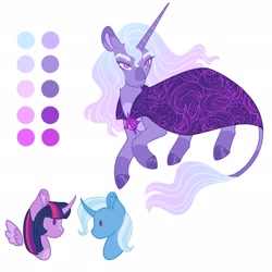 Size: 2048x2048 | Tagged: safe, artist:merviellee, trixie, twilight sparkle, oc, oc:hecate, alicorn, pony, g4, female, high res, lesbian, magical lesbian spawn, offspring, parent:trixie, parent:twilight sparkle, parents:twixie, ship:twixie, shipping, simple background, twilight sparkle (alicorn), white background