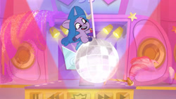 Size: 3410x1920 | Tagged: safe, screencap, izzy moonbow, pony, unicorn, g5, making a foal of me, my little pony: tell your tale, spoiler:g5, spoiler:my little pony: tell your tale, spoiler:tyts01e15, cute, disco ball, female, filly, filly izzy moonbow, foal, high res, izzybetes, open mouth, open smile, smiling, solo, younger, youtube link