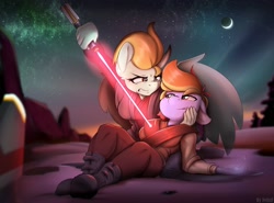 Size: 2480x1837 | Tagged: safe, artist:felixf, lightning dust, rainbow dash, pegasus, anthro, g4, crossover, imminent death, jedi, lightsaber, sith, space, star wars, versus, weapon