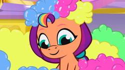 Size: 3410x1920 | Tagged: safe, screencap, sunny starscout, earth pony, pony, g5, making a foal of me, my little pony: tell your tale, spoiler:g5, spoiler:my little pony: tell your tale, spoiler:tyts01e15, female, filly, filly sunny starscout, foal, high res, mane stripe sunny, smiling, soap bubble, solo, younger, youtube link
