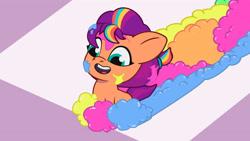 Size: 3410x1920 | Tagged: safe, screencap, sunny starscout, earth pony, pony, g5, making a foal of me, my little pony: tell your tale, spoiler:g5, spoiler:my little pony: tell your tale, spoiler:tyts01e15, age regression, baby, baby pony, baby sunny starscout, bubble, cute, female, filly, filly sunny starscout, foal, happy, high res, mane stripe sunny, open mouth, open smile, sliding, smiling, soap bubble, solo, sunnybetes, younger, youtube link