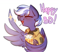 Size: 1350x1200 | Tagged: safe, artist:marlowws, oc, oc only, pegasus, pony, birthday, blushing, bust, clothes, drink, drinking glass, exclamation point, eyebrows, eyebrows visible through hair, eyes closed, oc name needed, open mouth, open smile, pegasus oc, simple background, smiling, solo, sparkles, sweater, white background, wing hands, wings