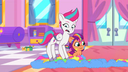 Size: 3410x1920 | Tagged: safe, screencap, sunny starscout, zipp storm, earth pony, pegasus, pony, g5, making a foal of me, my little pony: tell your tale, spoiler:g5, spoiler:my little pony: tell your tale, spoiler:tyts01e15, age regression, baby, baby pony, cute, duo, female, filly, filly sunny starscout, foal, high res, mane stripe sunny, mare, open mouth, smiling, sunnybetes, younger, youtube link