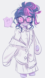 Size: 504x875 | Tagged: safe, artist:costly, sci-twi, twilight sparkle, human, equestria girls, g4, clothes, crying, exclamation point, female, glasses, interrobang, lab coat, looking at you, question mark, simple background, water, white background