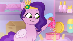 Size: 3410x1920 | Tagged: safe, screencap, pipp petals, pegasus, pony, g5, making a foal of me, my little pony: tell your tale, spoiler:g5, spoiler:my little pony: tell your tale, spoiler:tyts01e15, female, flashback, glitter, high res, mare, smiling, solo, youtube link