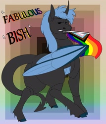 Size: 2213x2588 | Tagged: safe, artist:inisealga, oc, oc only, oc:talon, changeling, dragon, hybrid, abstract background, butt, commission, high res, hybrid oc, plot, pride, pride flag, progressive pride flag, solo, your character here