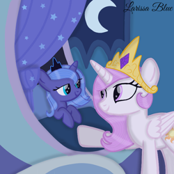 Size: 720x720 | Tagged: safe, artist:mlplary6, princess celestia, princess luna, alicorn, pony, g4, bed, female, filly, filly celestia, filly luna, foal, looking at each other, lying down, mare, pink-mane celestia, royal sisters, s1 luna, sibling love, siblings, sisters, smiling, smiling at each other, young celestia, young luna, younger
