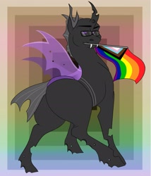 Size: 2217x2588 | Tagged: safe, artist:inisealga, oc, oc only, oc:dagger tongue, changeling, abstract background, changeling oc, commission, glasses, high res, male, pride, pride flag, progressive pride flag, purple changeling, solo, your character here