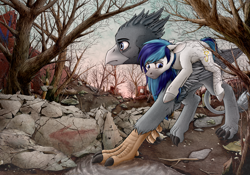 Size: 3378x2362 | Tagged: safe, artist:vepital', oc, oc only, oc:hooklined, earth pony, griffon, pony, carrying, destruction, detailed background, duo, high res, holding a pony, its a lonely world, male, pond, ponies riding griffons, riding, rubble, scenery, wasteland, wood