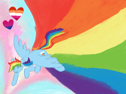 Size: 1600x1200 | Tagged: safe, artist:shiiiny, rainbow dash, pegasus, pony, g4, bisexual pride flag, female, flying, heart, lesbian pride flag, mare, pride, pride flag, solo, sonic rainboom