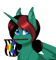 Size: 1266x1367 | Tagged: safe, artist:melodytheartpony, oc, alicorn, pony, alicorn oc, cute, eyelashes, female, happy, horn, looking at you, mouth hold, pride, pride flag, pride month, signature, simple background, smiling, solo, straight ally flag, white background, wings