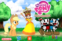 Size: 3000x2000 | Tagged: safe, artist:aethon056, artist:greenmachine987, artist:user15432, applejack, earth pony, human, pony, g4, apple daisy, barely pony related, crossover, crown, cuphead, cuphead (character), family home entertainment, hand on shoulder, hasbro, hasbro logo, high res, jewelry, lions gate, lions gate home entertainment, lionsgate, lionsgate logo, logo, looking at you, mugman, my little pony logo, nintendo, open mouth, princess daisy, regalia, scepter, studio mdhr, super mario bros., tree