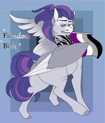 Size: 2302x2693 | Tagged: safe, artist:inisealga, oc, oc only, oc:dreadbolt, pegasus, pony, abstract background, asexual, asexual pride flag, black sclera, butt, commission, dock, high res, male, mouth hold, pegasus oc, plot, pride, pride flag, scar, solo, spread wings, stallion, tail, tattoo, wings, your character here