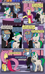 Size: 1920x3168 | Tagged: safe, artist:alexdti, fluttershy, octavia melody, oc, oc:brainstorm (alexdti), oc:star logic, pegasus, pony, unicorn, comic:quest for friendship, g4, ^^, bowtie, clothes, comic, dialogue, dot eyes, dress, ears back, eyes closed, female, folded wings, glowing, glowing horn, gritted teeth, high res, hooves behind head, horn, looking at someone, looking away, magic, male, mare, narrowed eyes, necktie, one ear down, open mouth, open smile, raised hoof, shadow, shrunken pupils, smiling, speech bubble, stallion, standing, tail, teeth, telekinesis, two toned mane, two toned tail, unicorn oc, wall of tags, wings